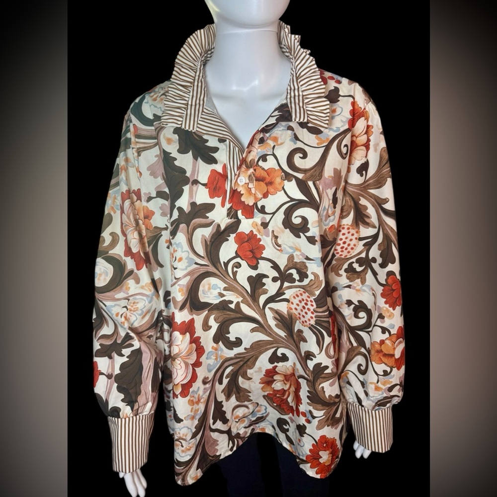 Floral Ruffled Collar Blouse in Cream and Brown
